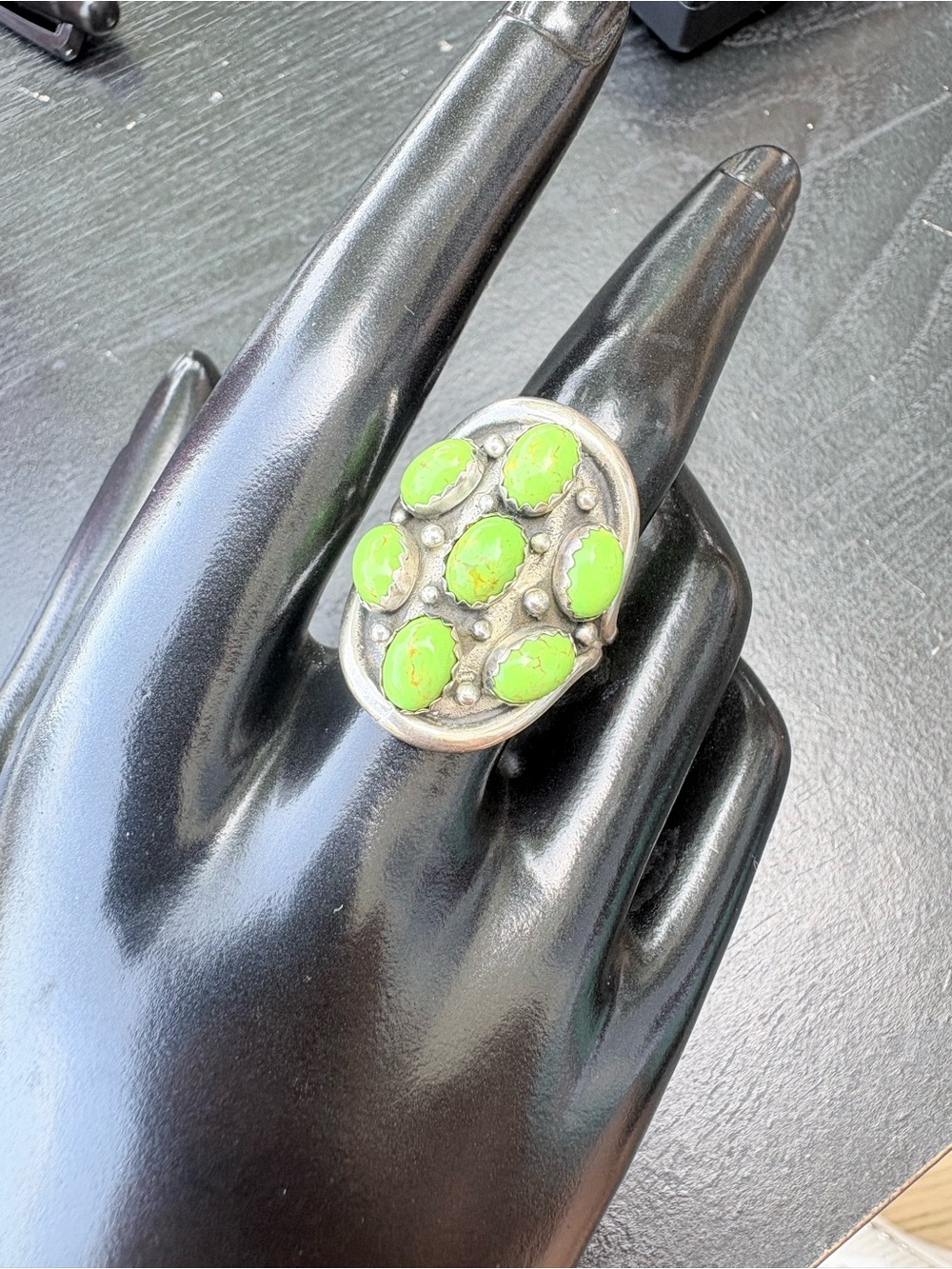 Vintage Sterling Silver Green Turquoise Cluster Ring - Size 8.25
